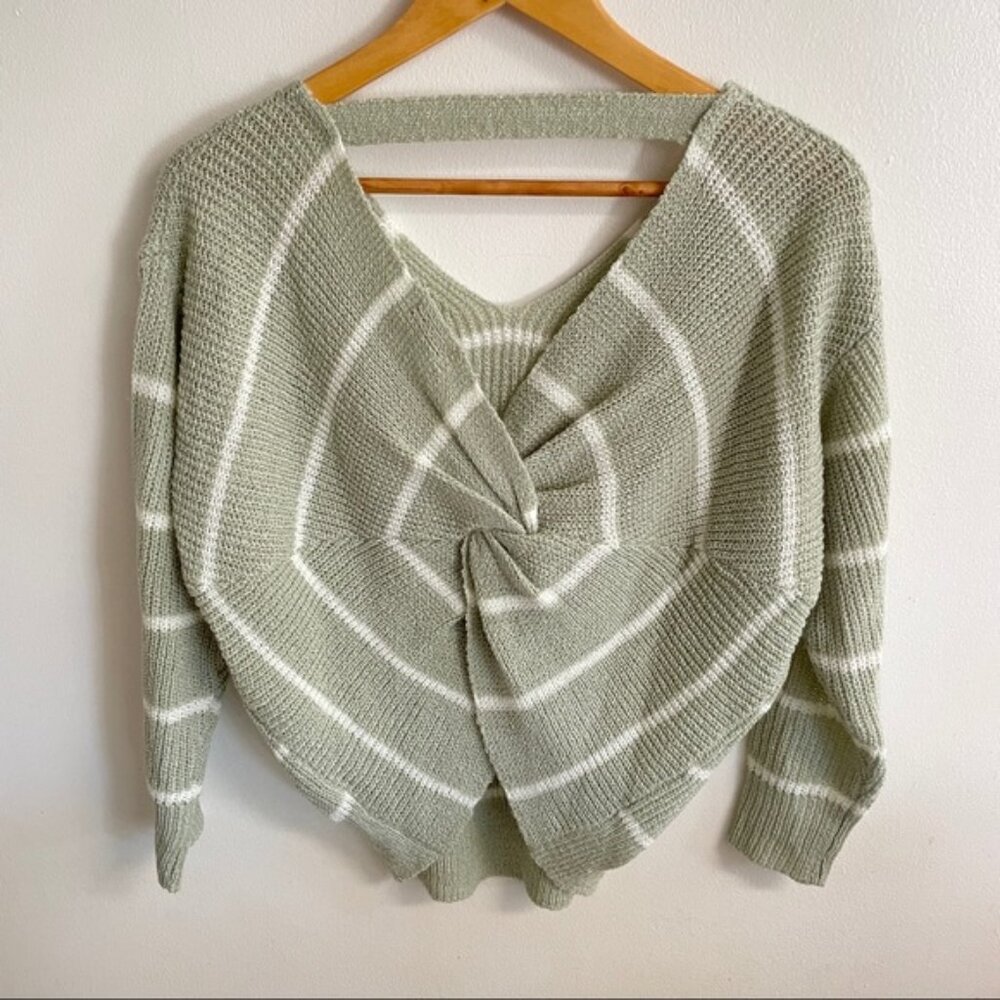 Sage Green Striped Twist Open Back Knit Sweater